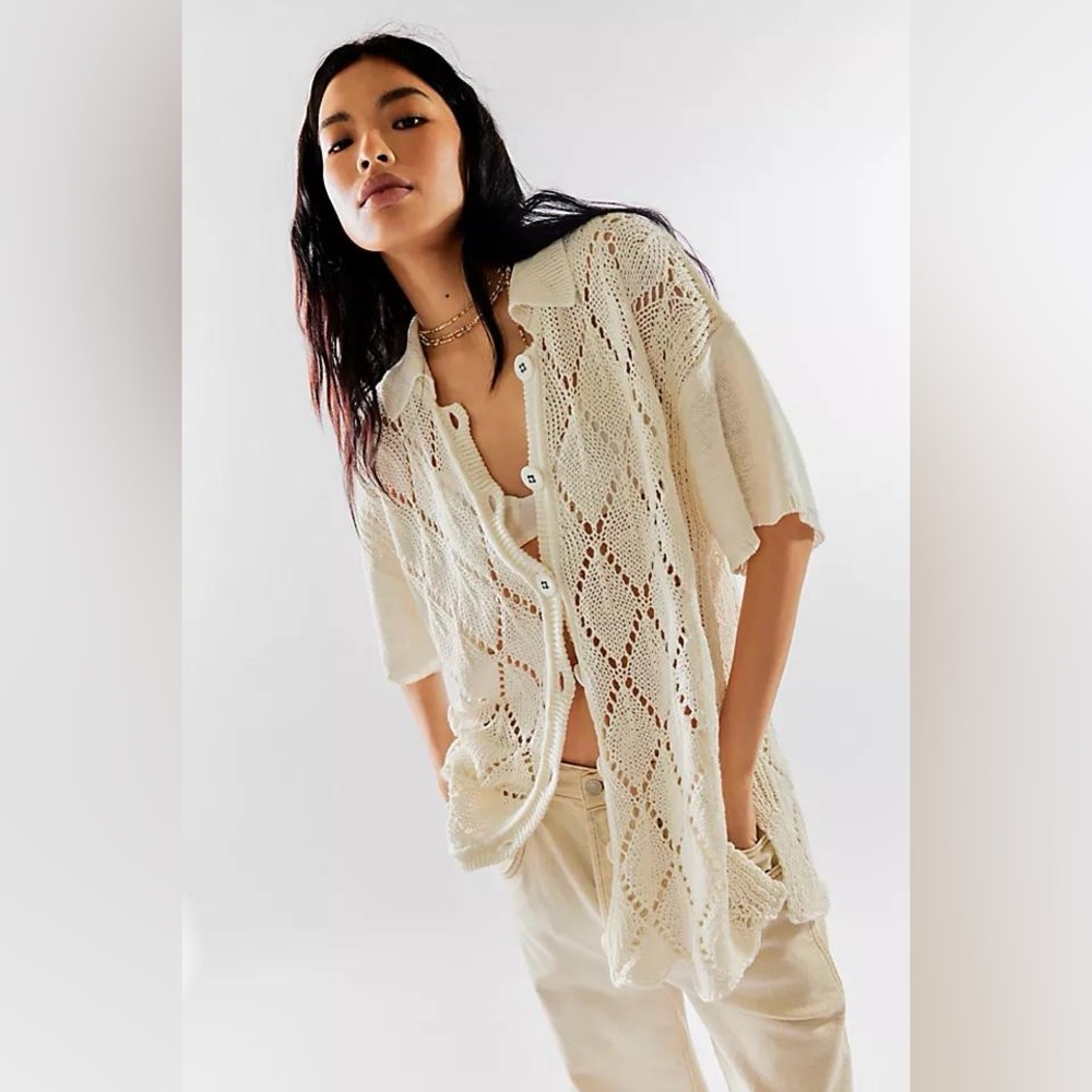 New FREE PEOPLE We The Free All Love Club Slouchy Linen knit  Oversized Shirt